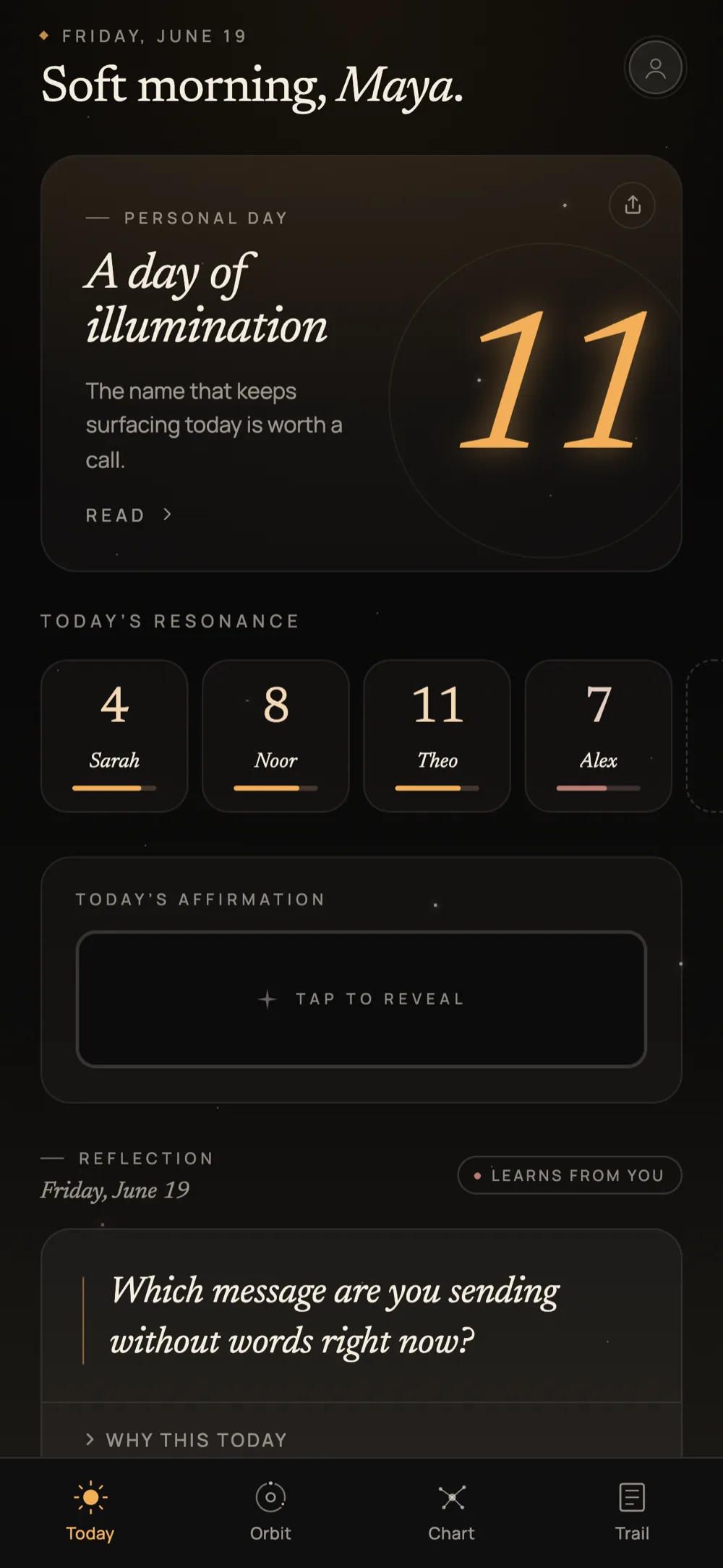 Numen Today screen — a Personal Day reading with a large gold numeral 11